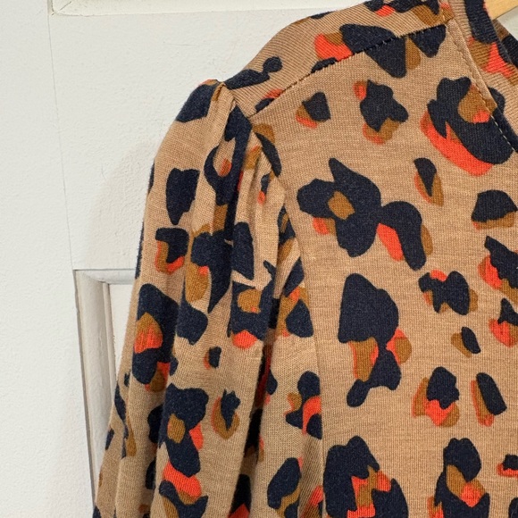 LOFT Womens Leopard Print Babydoll Top Blouse Tan/Navy/Orange 3/4 Blouson Sleeve - Picture 5 of 14